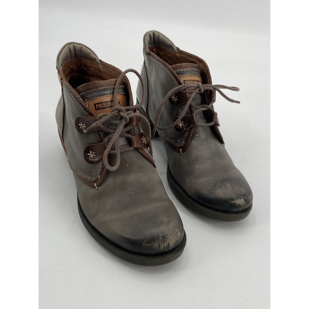 Pikolinos Le Mans‎ Gray Leather Lace Up Block Heel Ankle Bootie Size 38 US 7.5-8